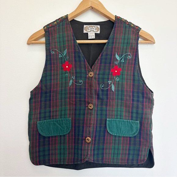 Vintage Plaid Floral Button Up Vest Green Red Blue Flowers Cotton Pockets Small - Picture 1 of 6